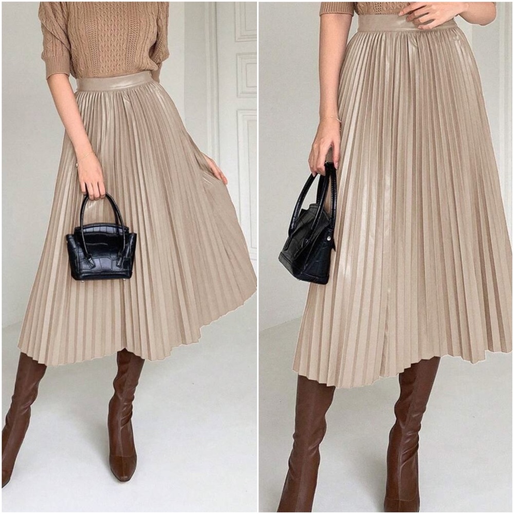 Luxe Vegan leather Accordion Pleated Midi Skirt - Picture 5 of 8